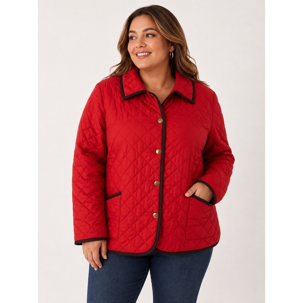 Joan Rivers Red Quilted Barn Jacket Plus Size 2X Brown Trim Snap Front
